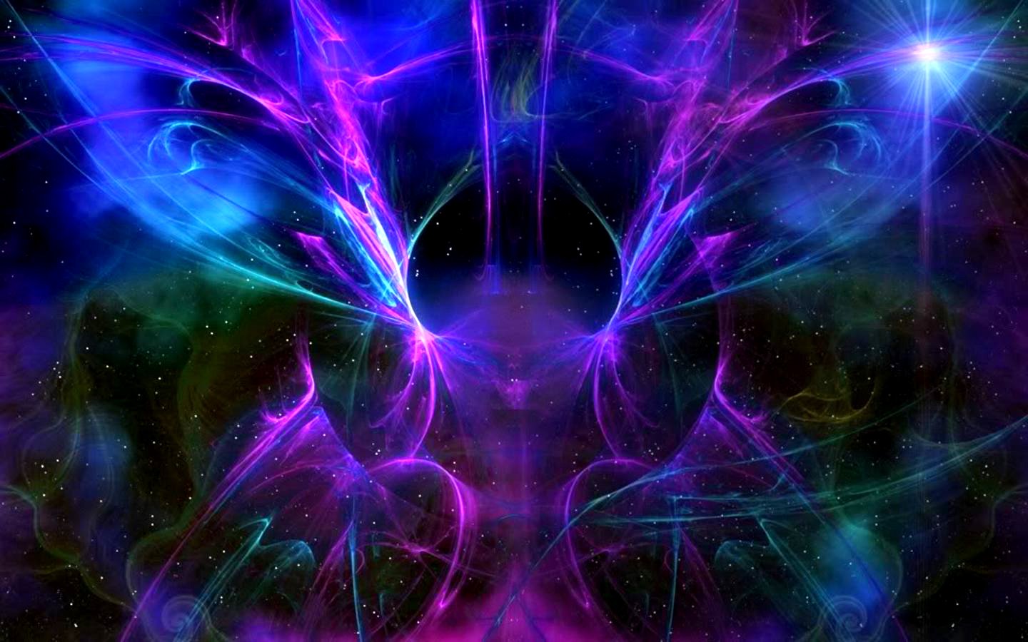 A vibrant digital art piece featuring swirling purple and blue patterns, creating a cosmic atmosphere filled with stars and an ethereal glow.