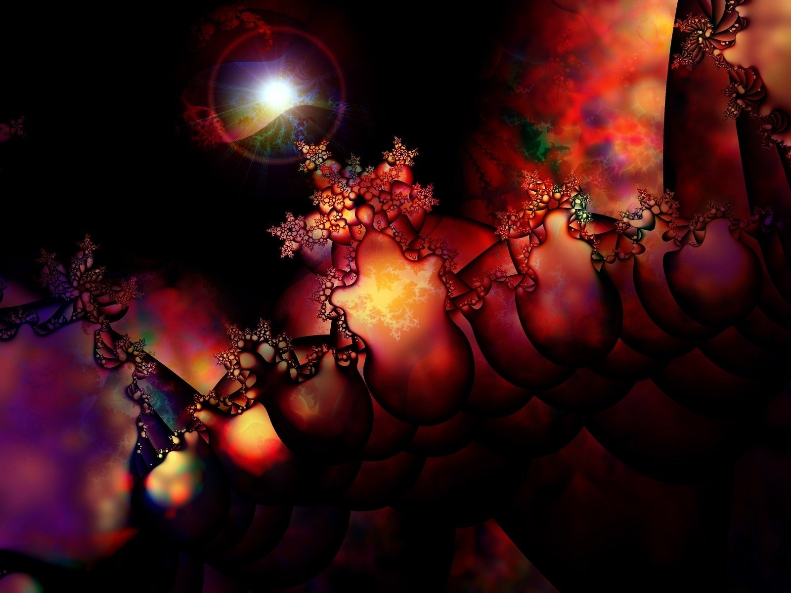 A vibrant digital artwork featuring intricate fractal patterns in rich colors, illuminated by radiant light bursts, creating a captivating sense of depth and movement.