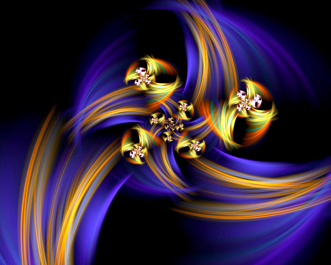 Artistic digital art of luminous purple and gold ribbons spiraling on black, converging around five small glowing floral-like motifs.
