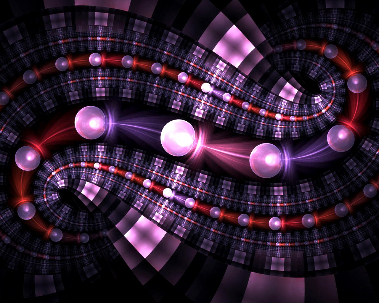 A vibrant digital art piece featuring intricate patterns in shades of purple and black, with swirling lines and luminous spheres creating a dynamic and artistic composition.