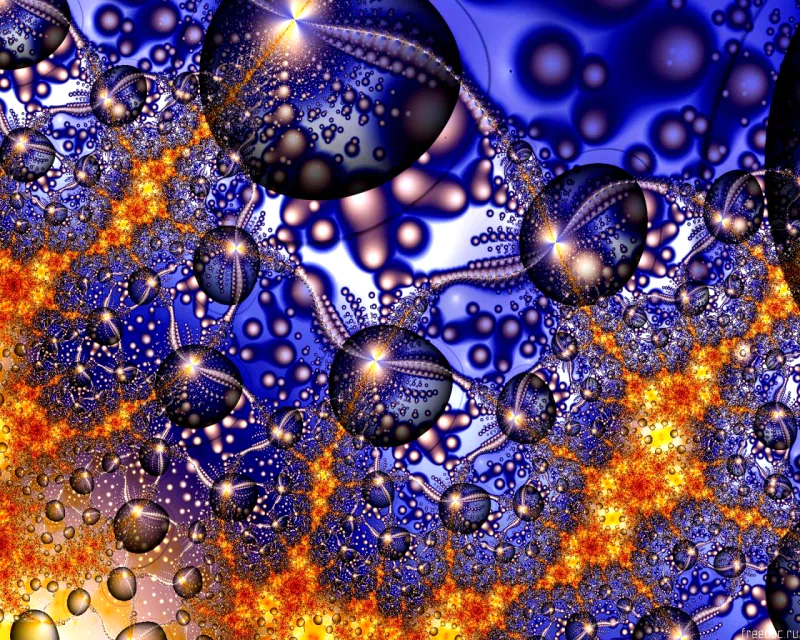 An intricate digital art piece showcases vibrant blue tones, swirling textures, and glowing spheres, creating a mesmerizing cosmic effect with fiery bursts blending seamlessly.