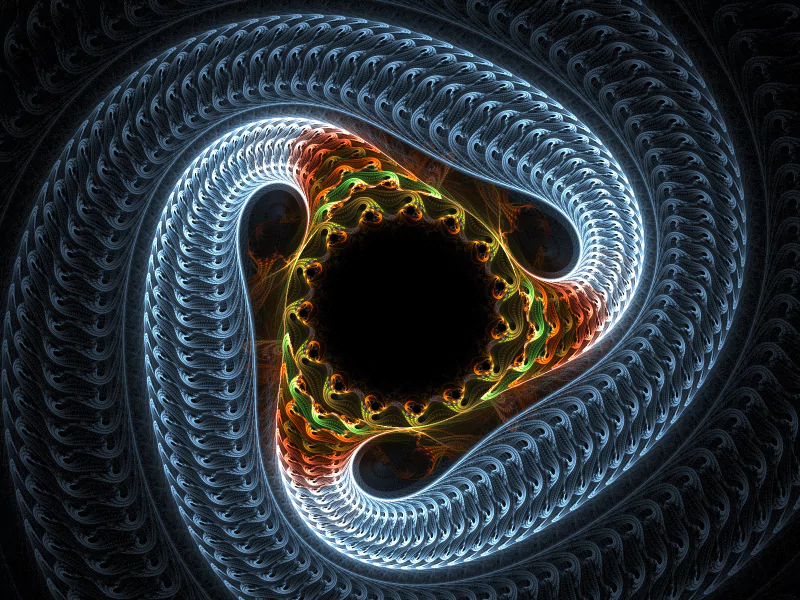 A captivating digital art piece featuring intricate swirling patterns and vibrant colors, leading toward a central black void, evoking a sense of depth and movement.