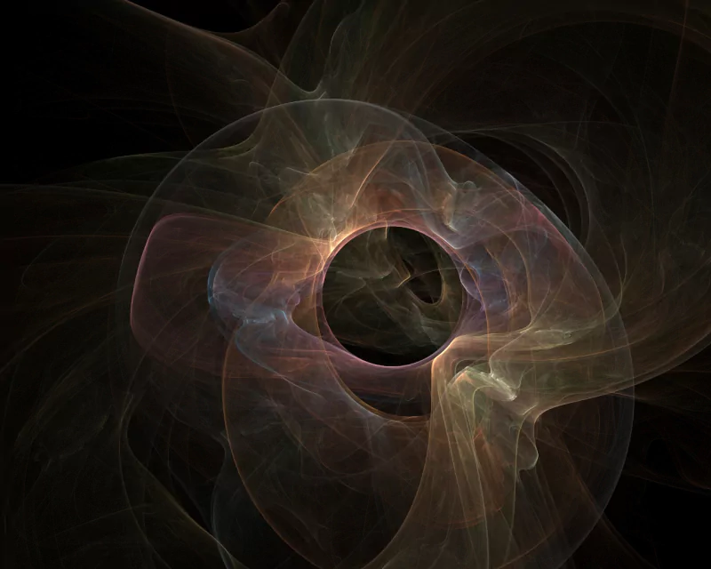 A swirling abstract composition in digital art, featuring ethereal strands of color converging around a central dark core, evoking a sense of movement and depth.