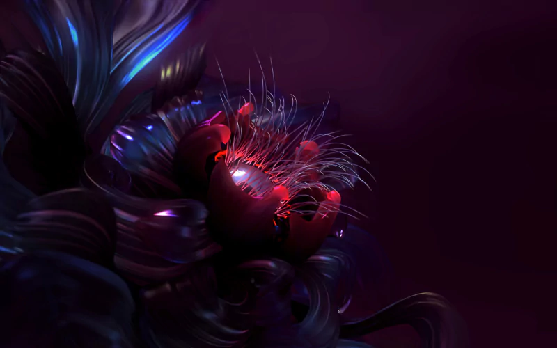 A vibrant digital art piece featuring a luminous flower with intricate textures and glowing elements, set against a deep purple background, creating a captivating and surreal atmosphere.