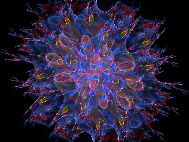 A vibrant digital artwork featuring a mesmerizing fractal design with swirling colors of blue, red, and yellow against a black background.