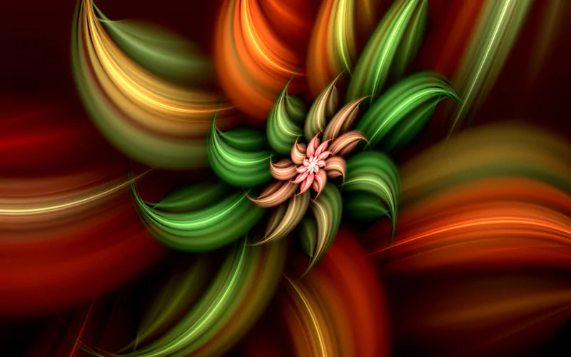 A vibrant digital art piece featuring intricate fractal patterns in rich greens, oranges, and pinks, creating a visually striking floral design.