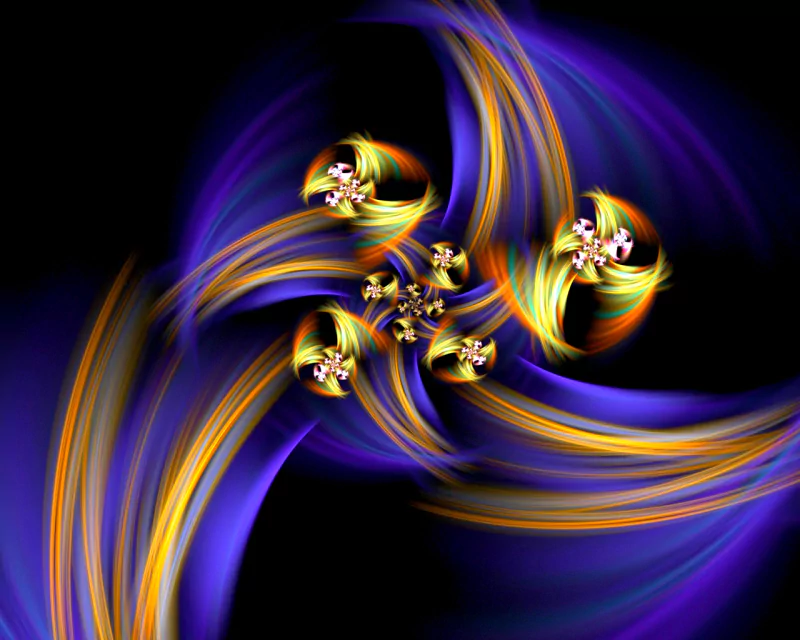 Artistic digital art of luminous purple and gold ribbons spiraling on black, converging around five small glowing floral-like motifs.