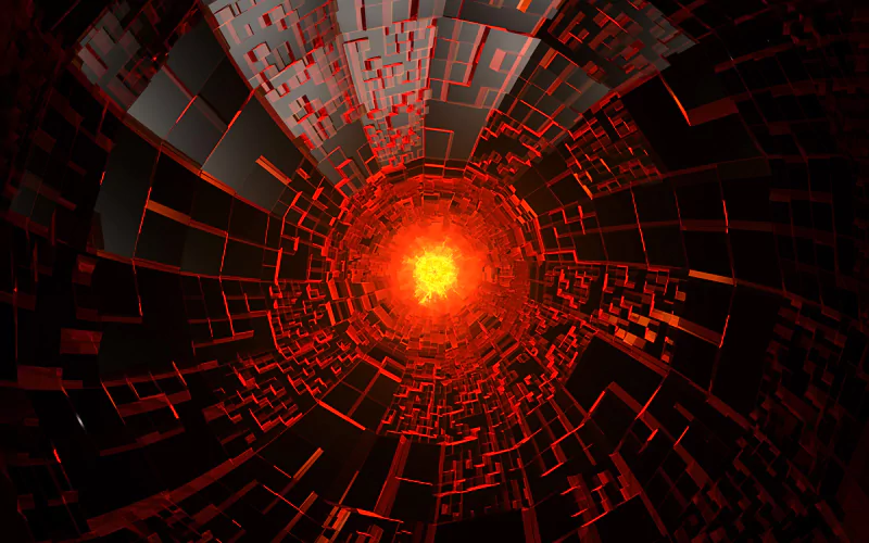 A striking 3D CGI artwork featuring swirling dark and red geometric shapes, converging towards a vibrant central light, creating a captivating digital art composition.
