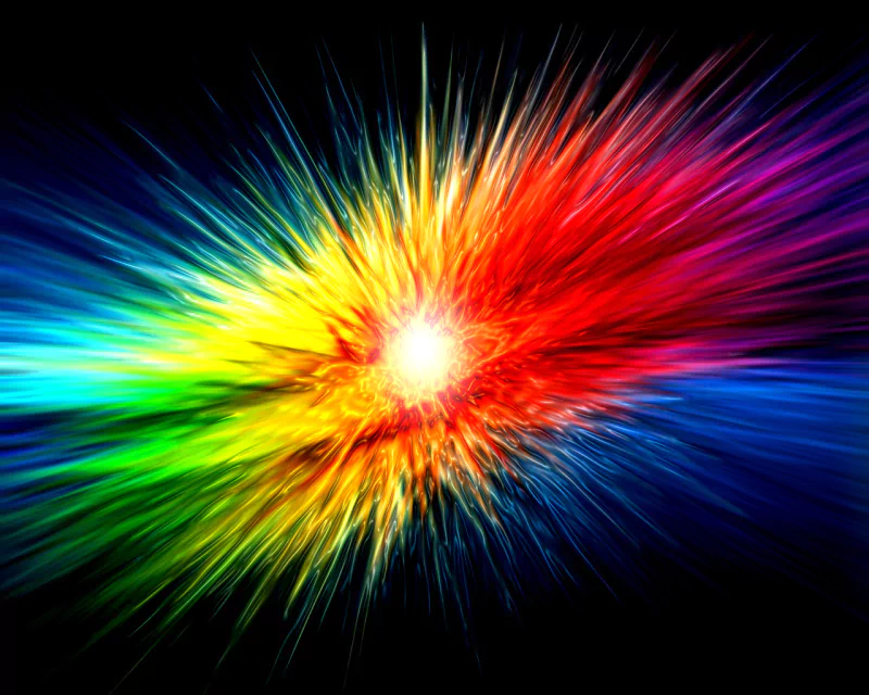 A vibrant explosion of colors radiates from a central point, showcasing dynamic bursts of red, yellow, green, and blue against a stark black background in this striking digital art piece.