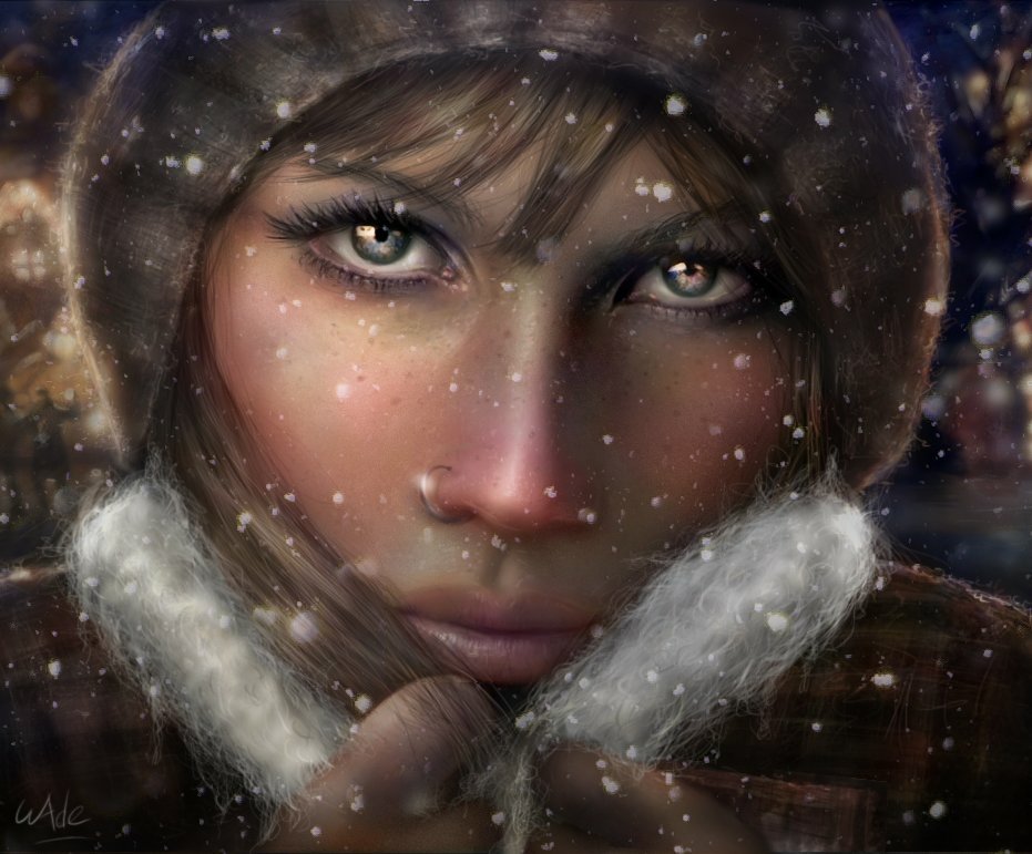 A close-up portrait of a person in a winter setting, wearing a hood and holding their scarf, with snow gently falling around them, capturing a moment of contemplation.