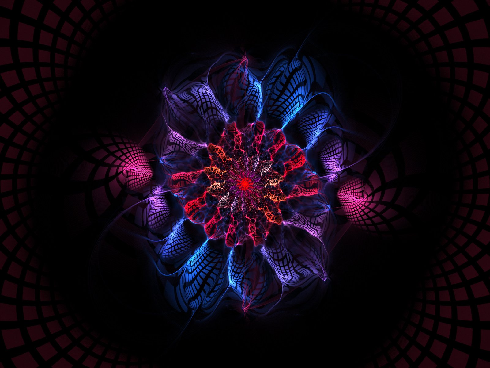 A vibrant digital art piece featuring a symmetrical floral design with electric blues, purples, and radiant reds set against a dark background, showcasing intricate patterns.