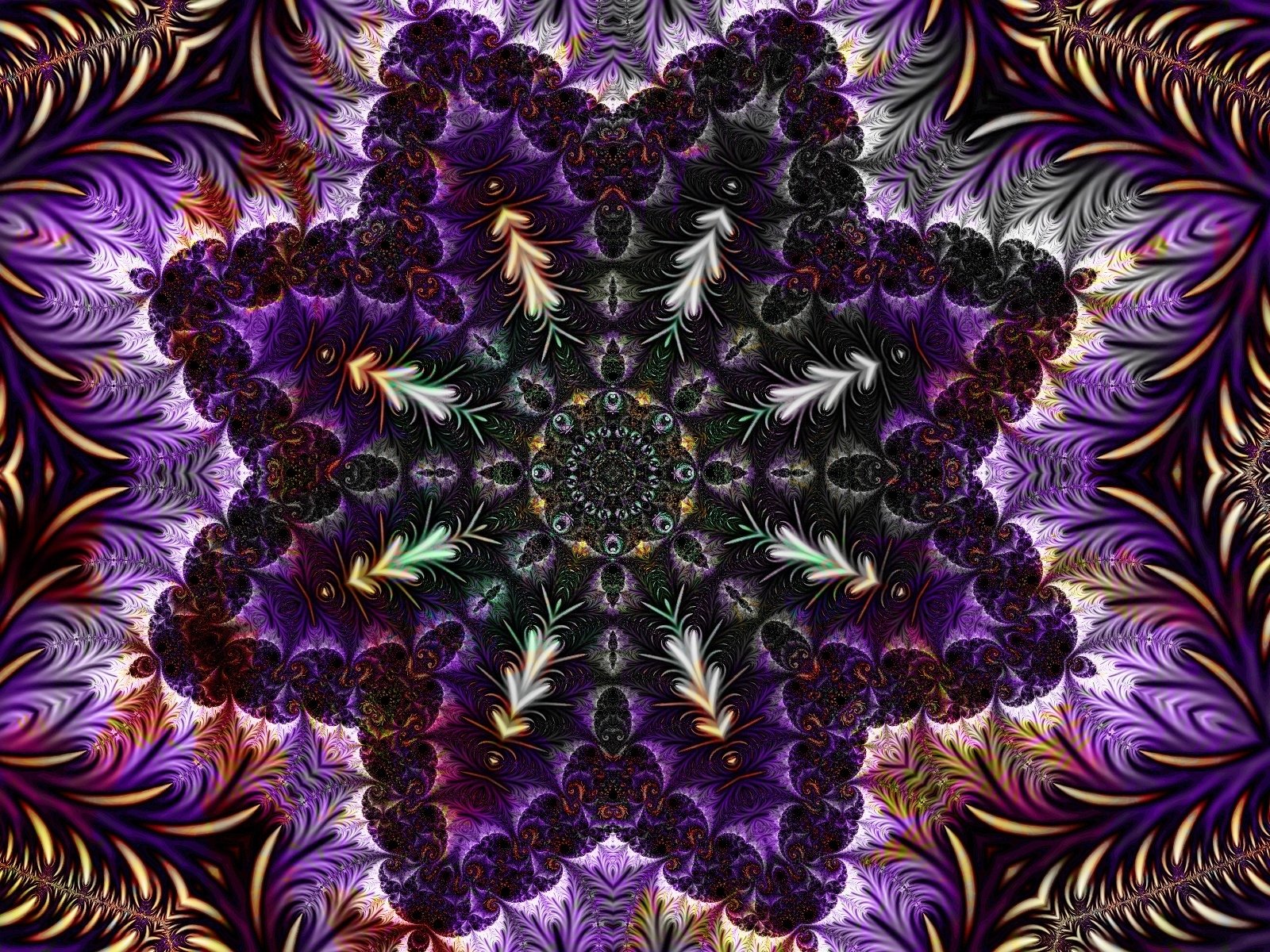 A vibrant digital art piece featuring a star-shaped mandala with intricate patterns of purple, black, and metallic accents, surrounded by swirling decorative elements.