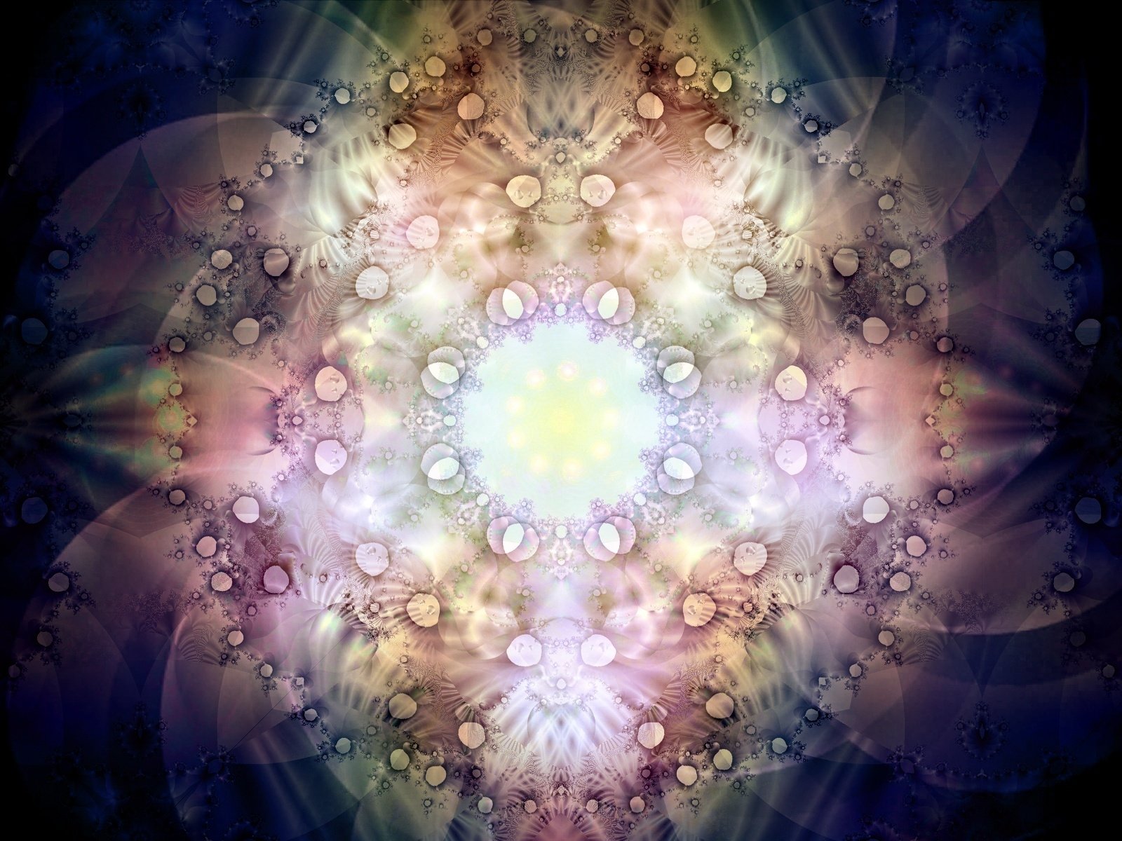 A vibrant digital art piece featuring a kaleidoscopic pattern of soft colors and intricate shapes radiating from a central glow, creating a mesmerizing and ethereal atmosphere.