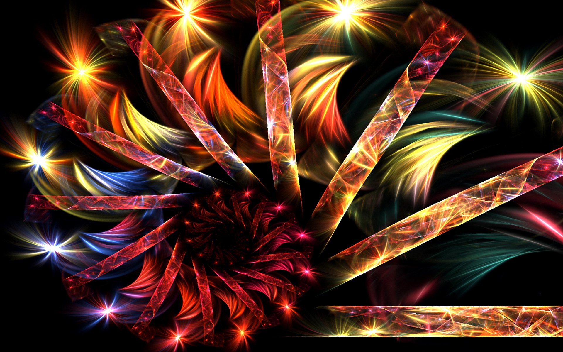 A vibrant digital art piece featuring swirling patterns of fiery colors and luminous accents, creating a dynamic and captivating visual experience against a dark background.