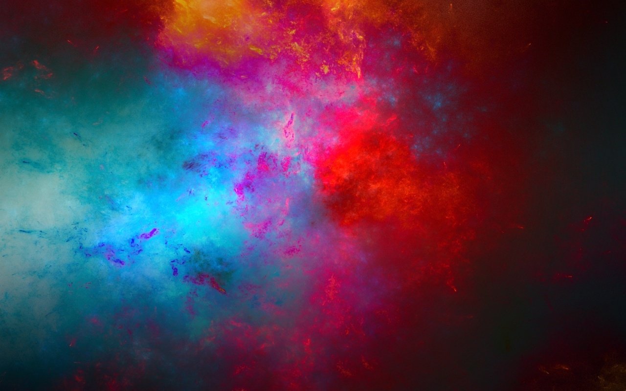 A vibrant explosion of colors in an abstract digital art piece, blending hues of blue, red, and orange against a dark backdrop, creating a dynamic and visually captivating composition.