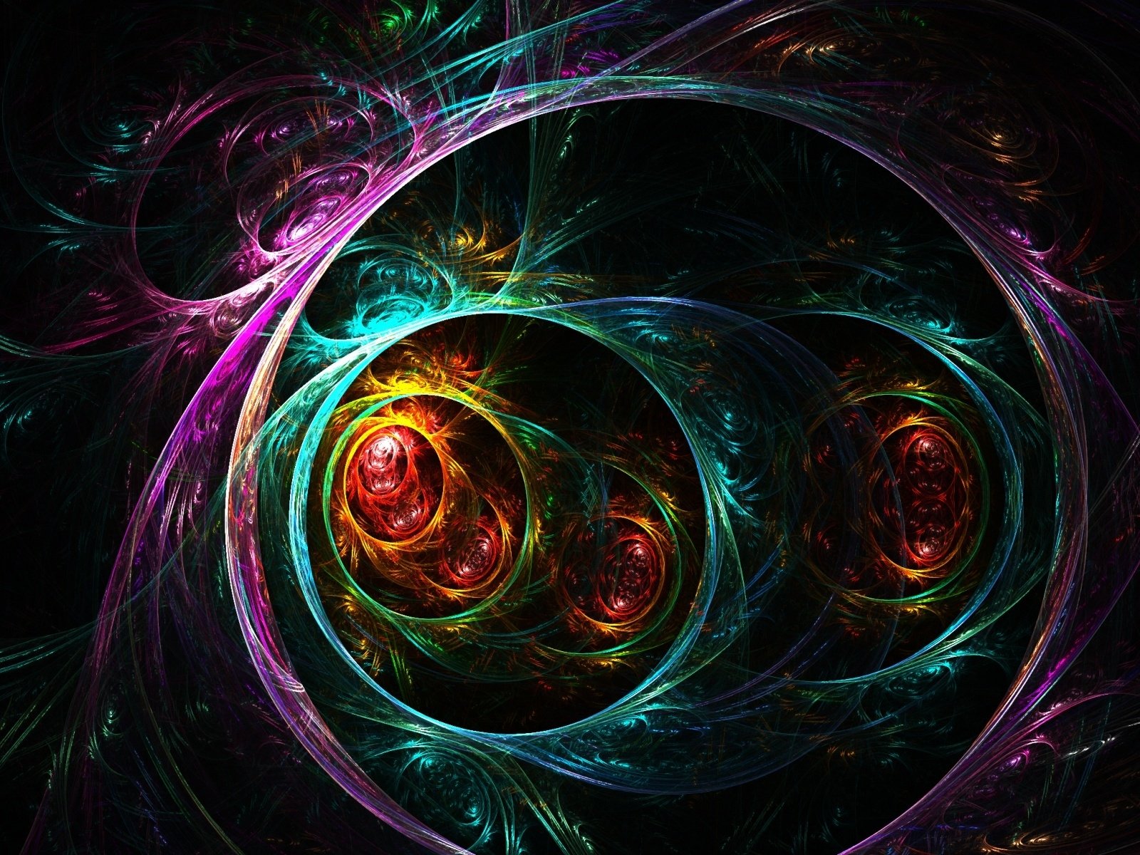 A vibrant digital art piece featuring intricate fractal patterns in shades of purple, green, and red, creating an enchanting swirling effect against a dark background.