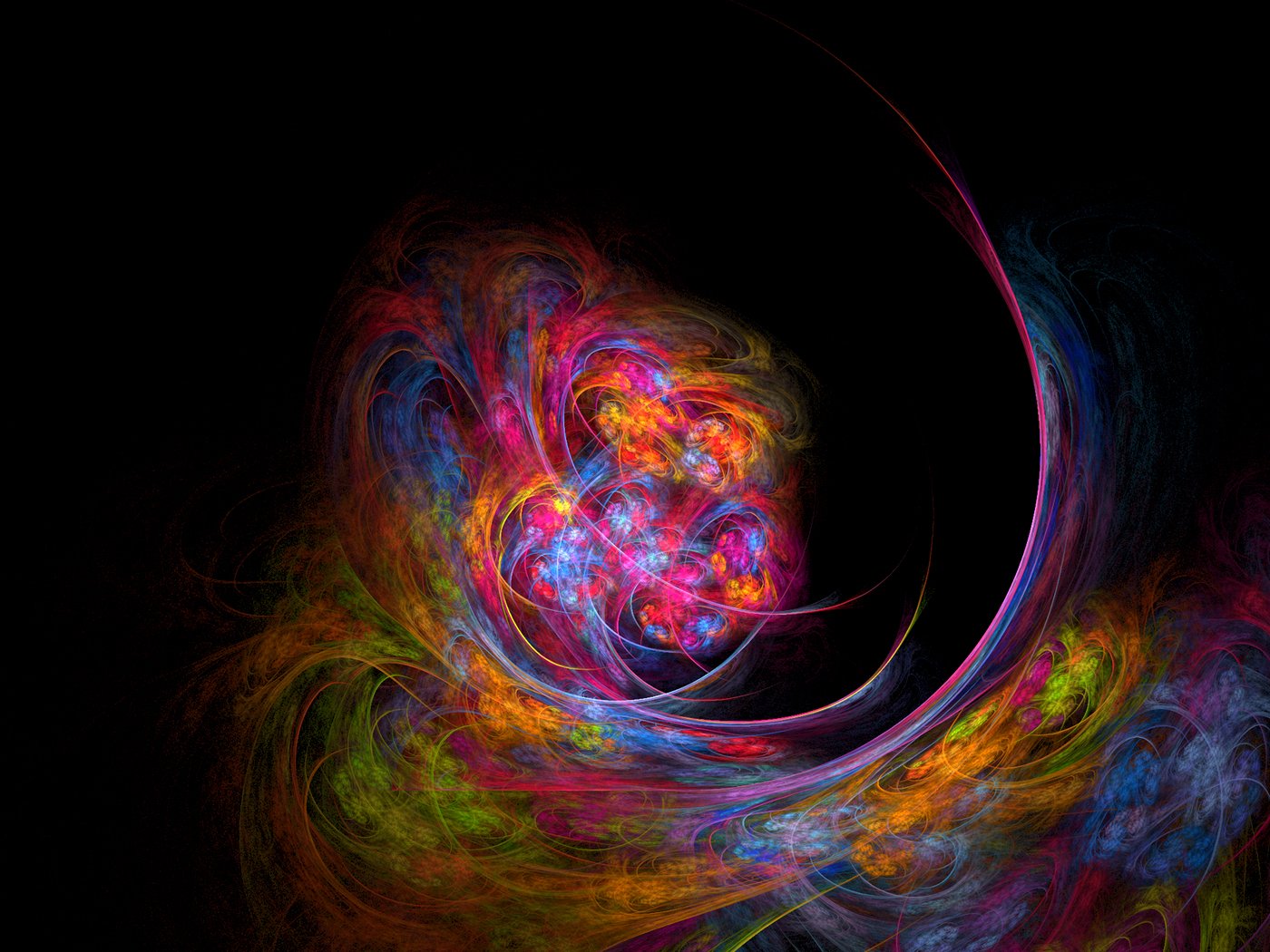 A vibrant swirl of colors and shapes creates an engaging composition in this artistic digital art piece, set against a dark background.