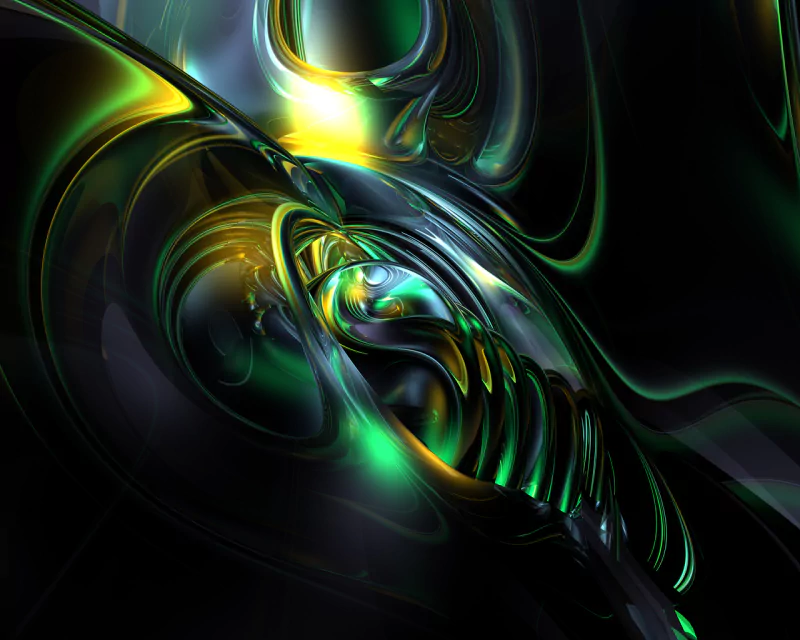 A vibrant display of swirling greens and golds, this digital art piece showcases an abstract composition with fluid shapes and intricate patterns against a dark backdrop.