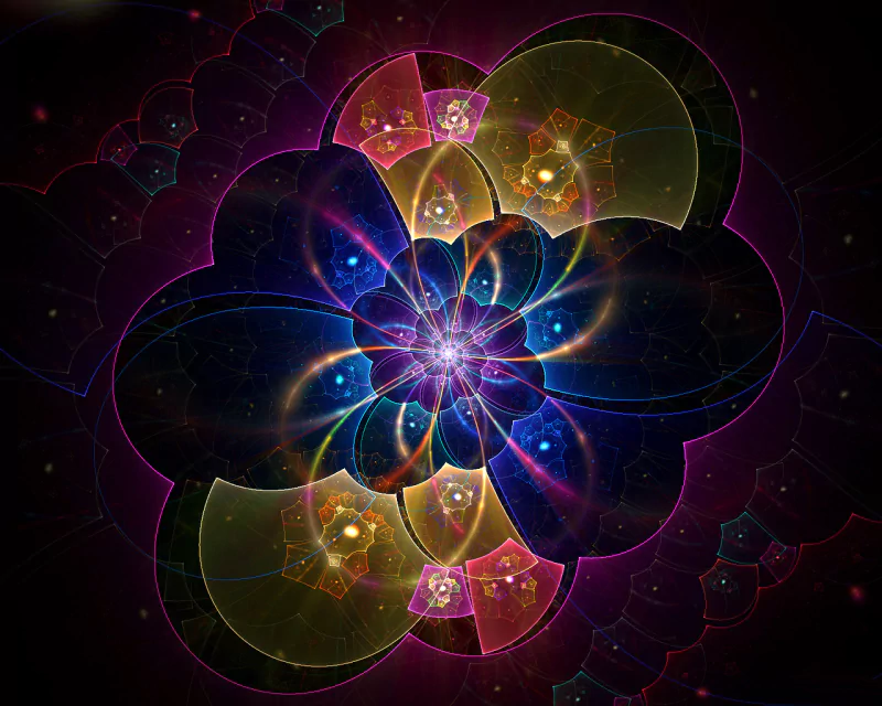 An intricate digital art piece featuring vibrant, swirling patterns and luminous shapes, creating a captivating floral design against a dark background.