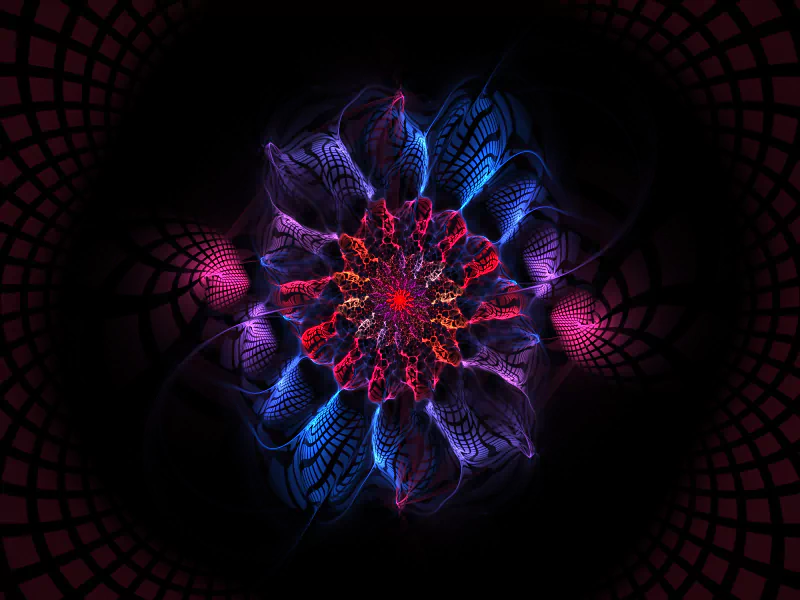 A vibrant digital art piece featuring a symmetrical floral design with electric blues, purples, and radiant reds set against a dark background, showcasing intricate patterns.