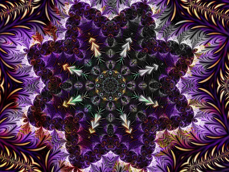 A vibrant digital art piece featuring a star-shaped mandala with intricate patterns of purple, black, and metallic accents, surrounded by swirling decorative elements.