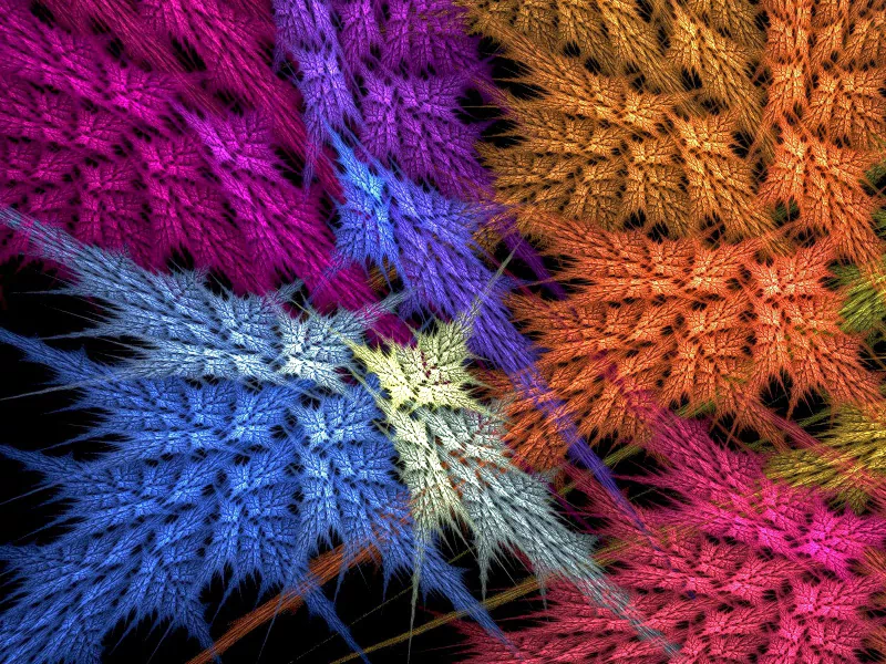 A vibrant display of fractal patterns in rich colors, showcasing intricate designs that blend artistic expression and digital art techniques against a dark background.