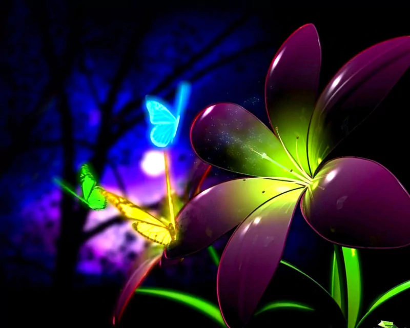 A vibrant digital art piece featuring a glowing flower and colorful butterflies against a deep, mysterious night background.