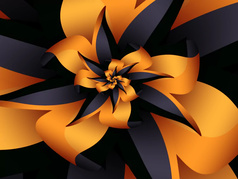 An artistic digital art piece featuring a swirling design of vibrant orange and deep black shapes, creating a captivating floral illusion on a dark background.