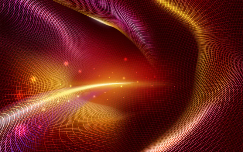 An abstract digital art piece featuring flowing curves and bright, shimmering lights in vibrant red and gold hues, creating a sense of depth and movement.