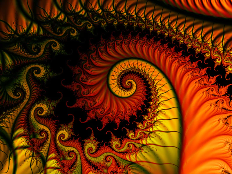 A vibrant digital art piece featuring a swirling fractal design in striking shades of red, orange, and yellow, evoking a sense of dynamic movement and intricate patterns.