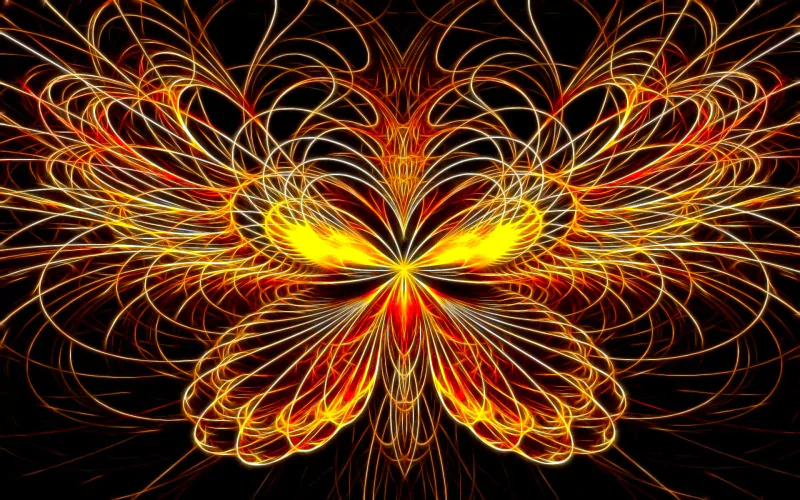 A vibrant, artistic digital artwork featuring intricate, swirling patterns in warm hues of orange and yellow, resembling a butterfly against a dark background.