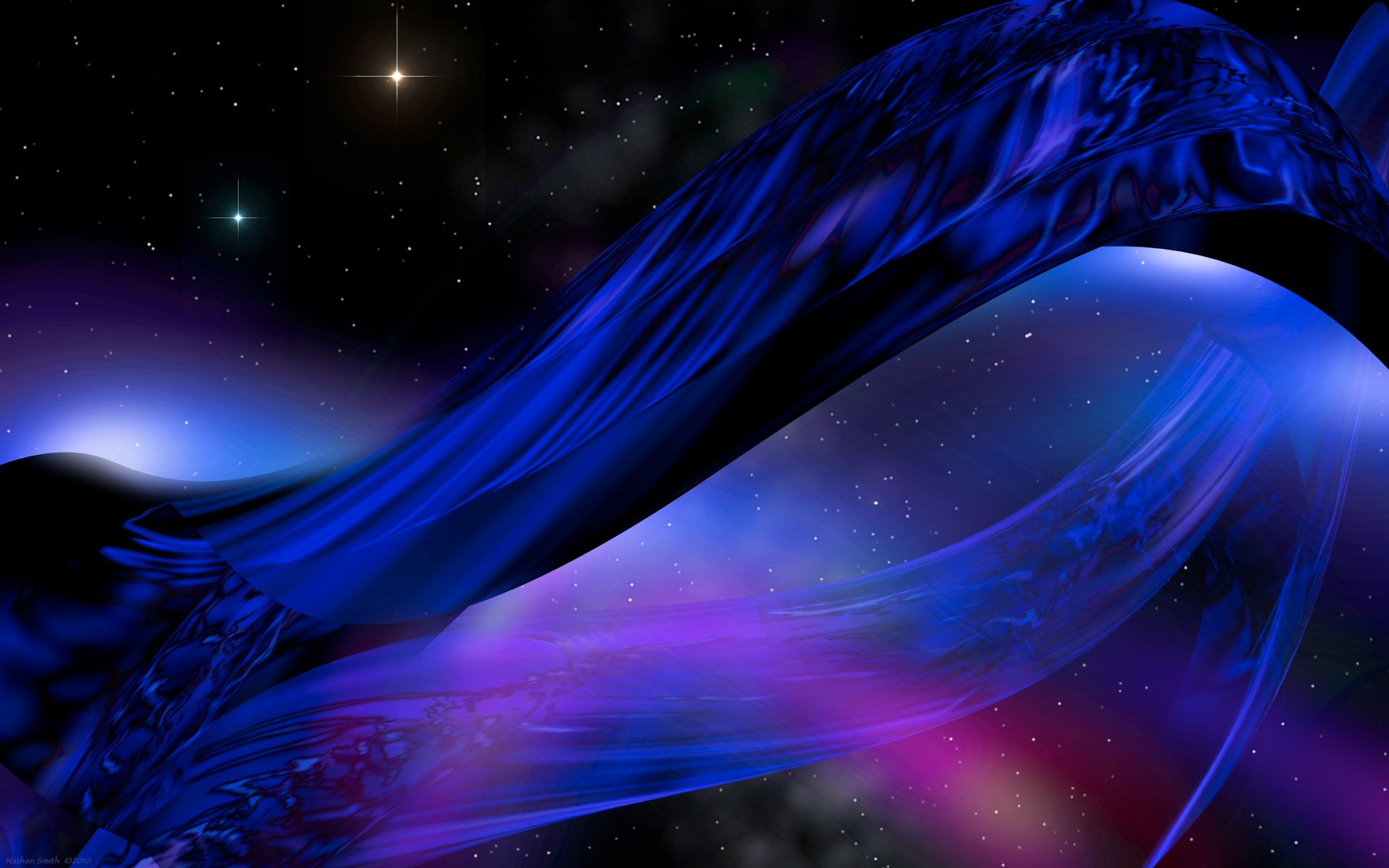 A vibrant piece of digital art showcasing flowing shapes in deep blue and purple hues against a cosmic background filled with stars, evoking a sense of movement and depth.