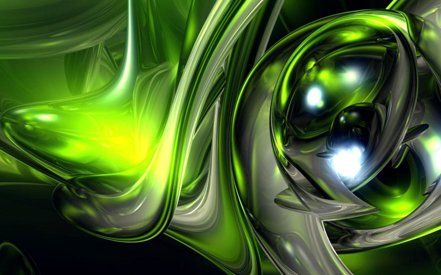 Abstract digital art featuring vibrant green and black swirling shapes, illuminated by glowing white elements, creating a dynamic and flowing composition.