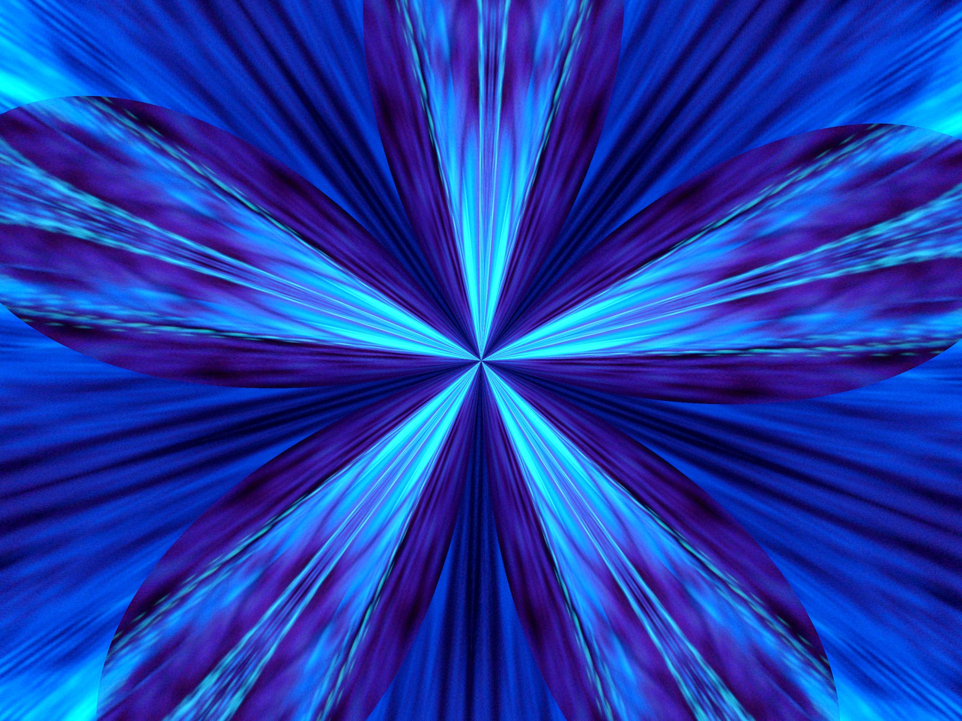 Artistic digital art depicting a radiant blue starburst with petal-like rays and iridescent streaks converging at the center.