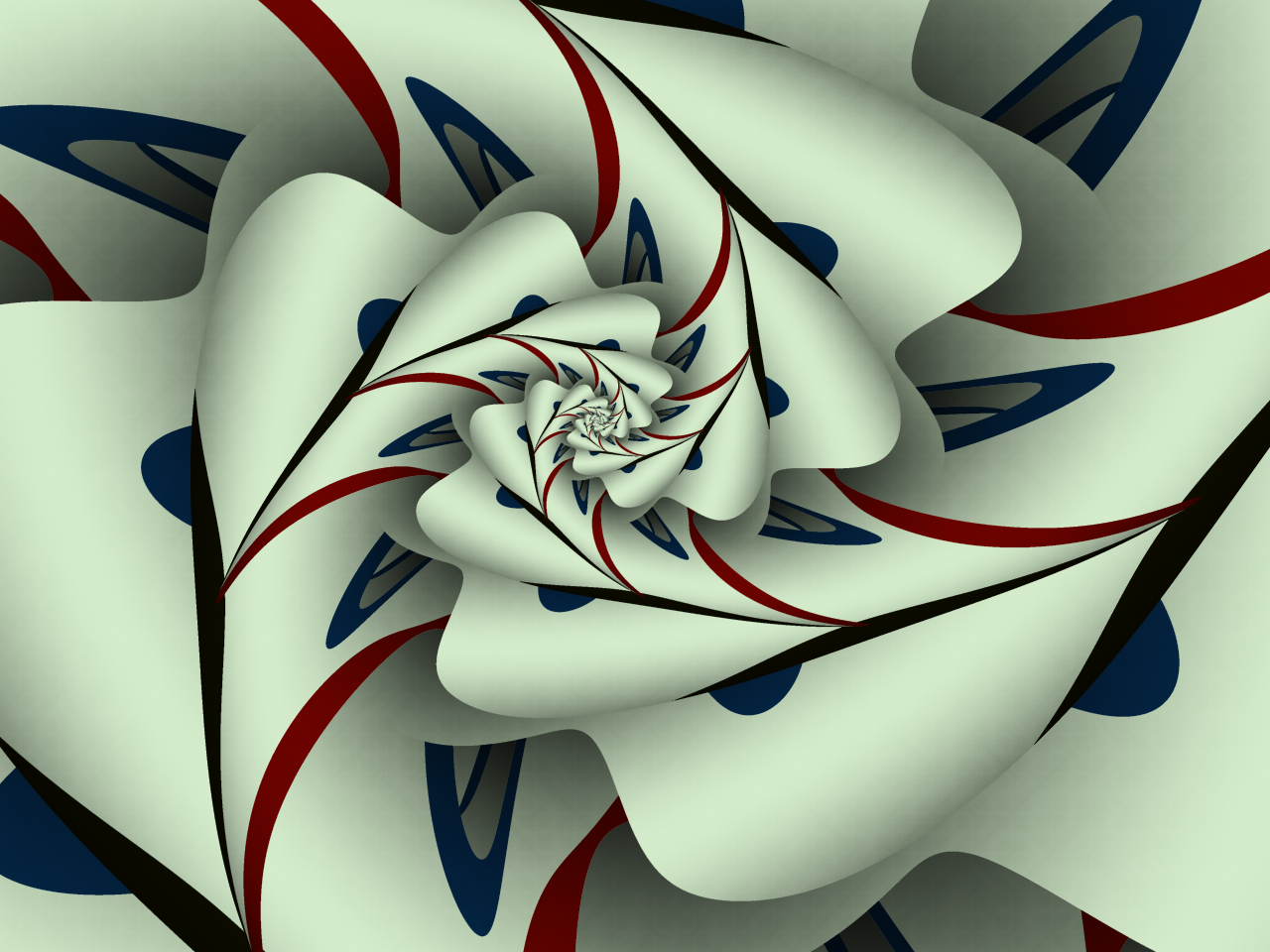 A swirling pattern of soft greens, reds, and blues creates an intricate spiral design, showcasing the beauty of digital art with its fluid lines and geometric shapes.