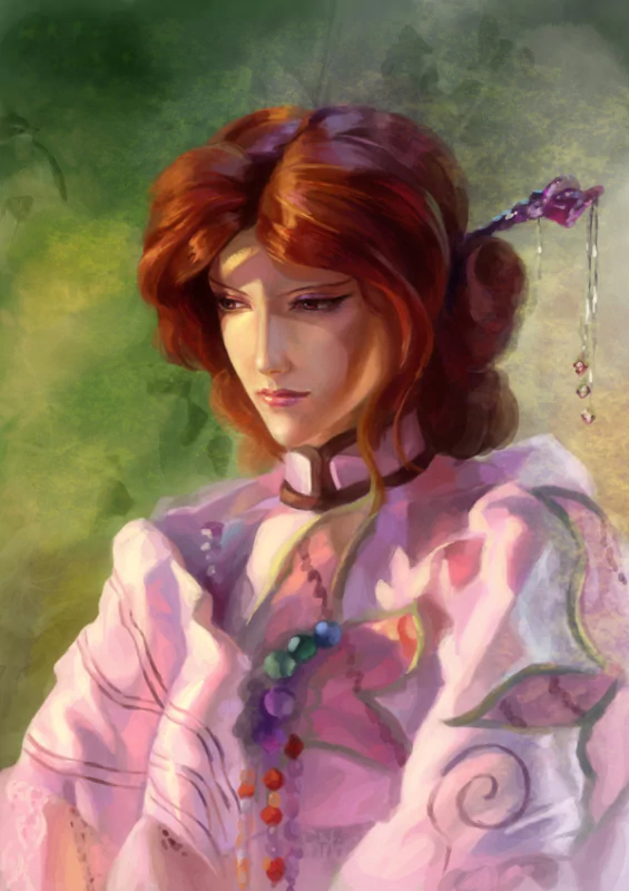 A melancholic woman in a pink gown, adorned with colorful beads, gazes thoughtfully. The background features soft, dreamlike greenery, capturing a fantasy and artistic essence.