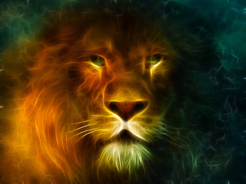 A striking digital art piece featuring a glowing, vibrant lion's face, surrounded by an enchanting blend of colors and textures that evoke a sense of majesty and strength.