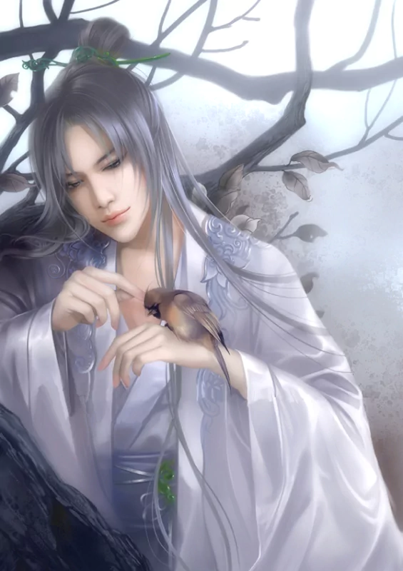 A serene fantasy scene depicting a young man in flowing white robes, gently interacting with a small bird, surrounded by soft, muted colors and delicate branches.