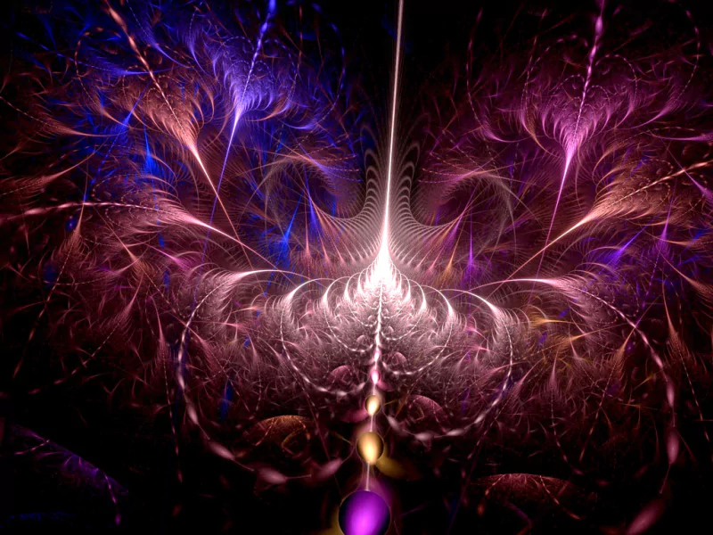 A stunning piece of digital art featuring intricate fractal patterns in vibrant shades of purple and blue, creating a mesmerizing and otherworldly visual experience.