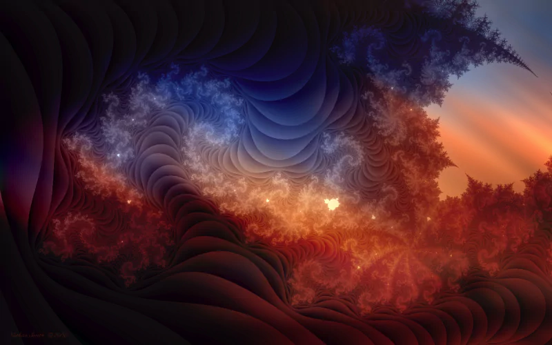 A vibrant digital art piece featuring swirling patterns in shades of blue, orange, and red, evoking a cosmic landscape filled with intricate detail and mesmerizing depth.