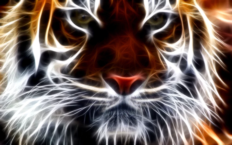 A vivid digital art depiction of a tiger, showcasing intricate lighting and vibrant colors that emphasize its fierce expression and majestic presence.
