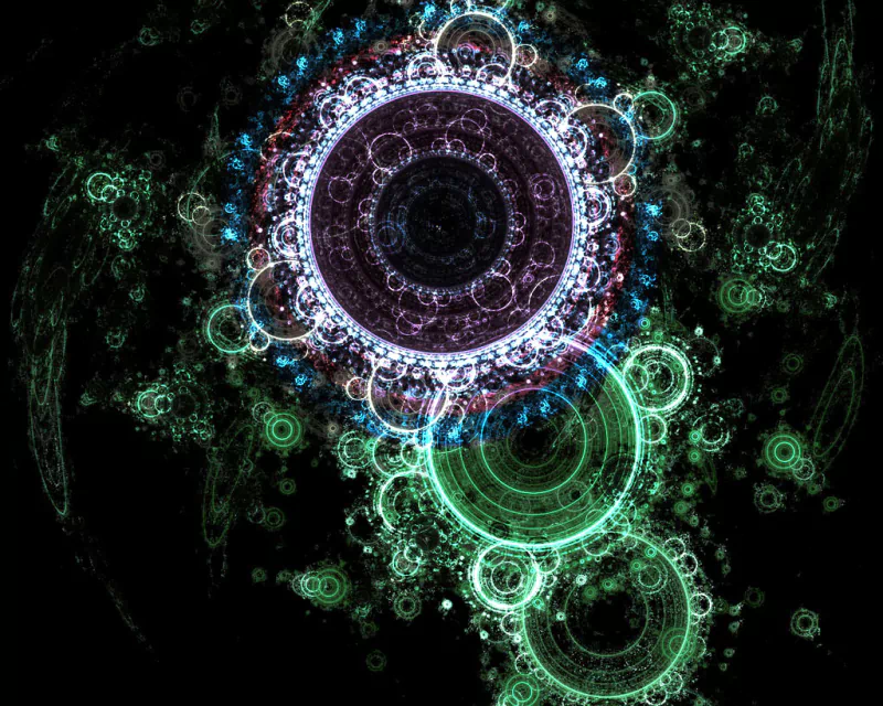 A captivating digital art piece featuring intricate, circular patterns in vibrant greens, blues, and purples, set against a dark backdrop, creating a mesmerizing visual experience.