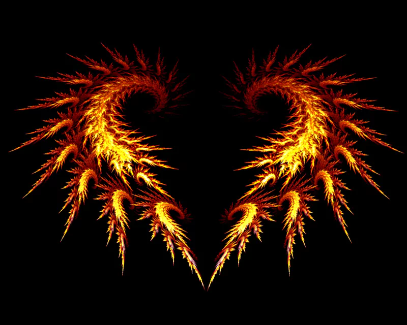 Abstract digital art featuring vibrant, swirling patterns in fiery reds and oranges against a black background, creating an intricate and dynamic design.