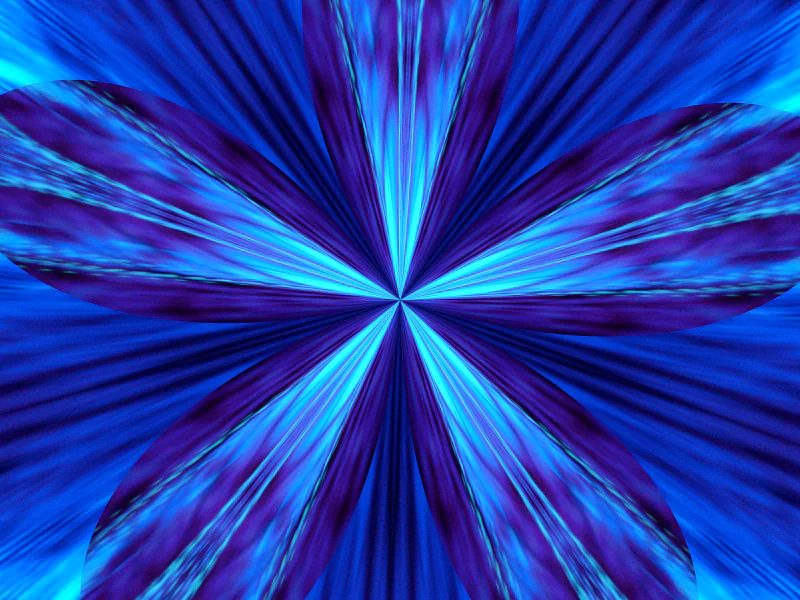 Artistic digital art depicting a radiant blue starburst with petal-like rays and iridescent streaks converging at the center.