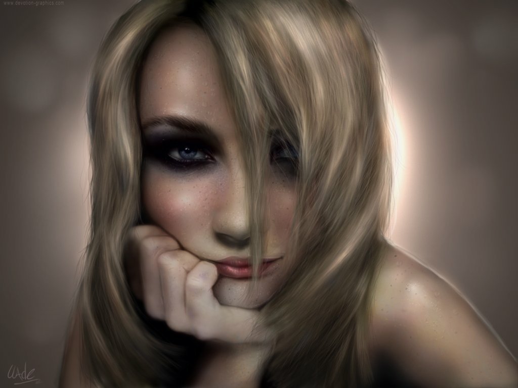 A close-up portrait of a woman with long, blonde hair resting her chin on her hand, expressing a contemplative mood against a softly blurred background. Photography captures her emotion beautifully.