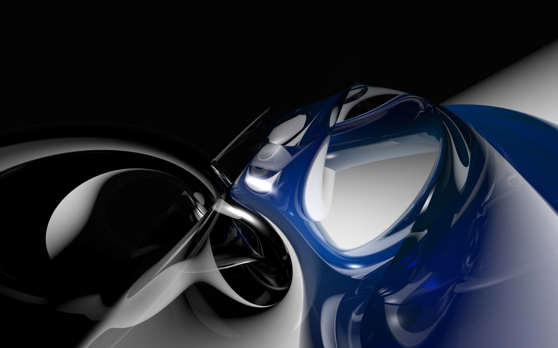 An abstract digital art piece featuring fluid shapes in black and blue tones, creating a striking contrast against a dark background.