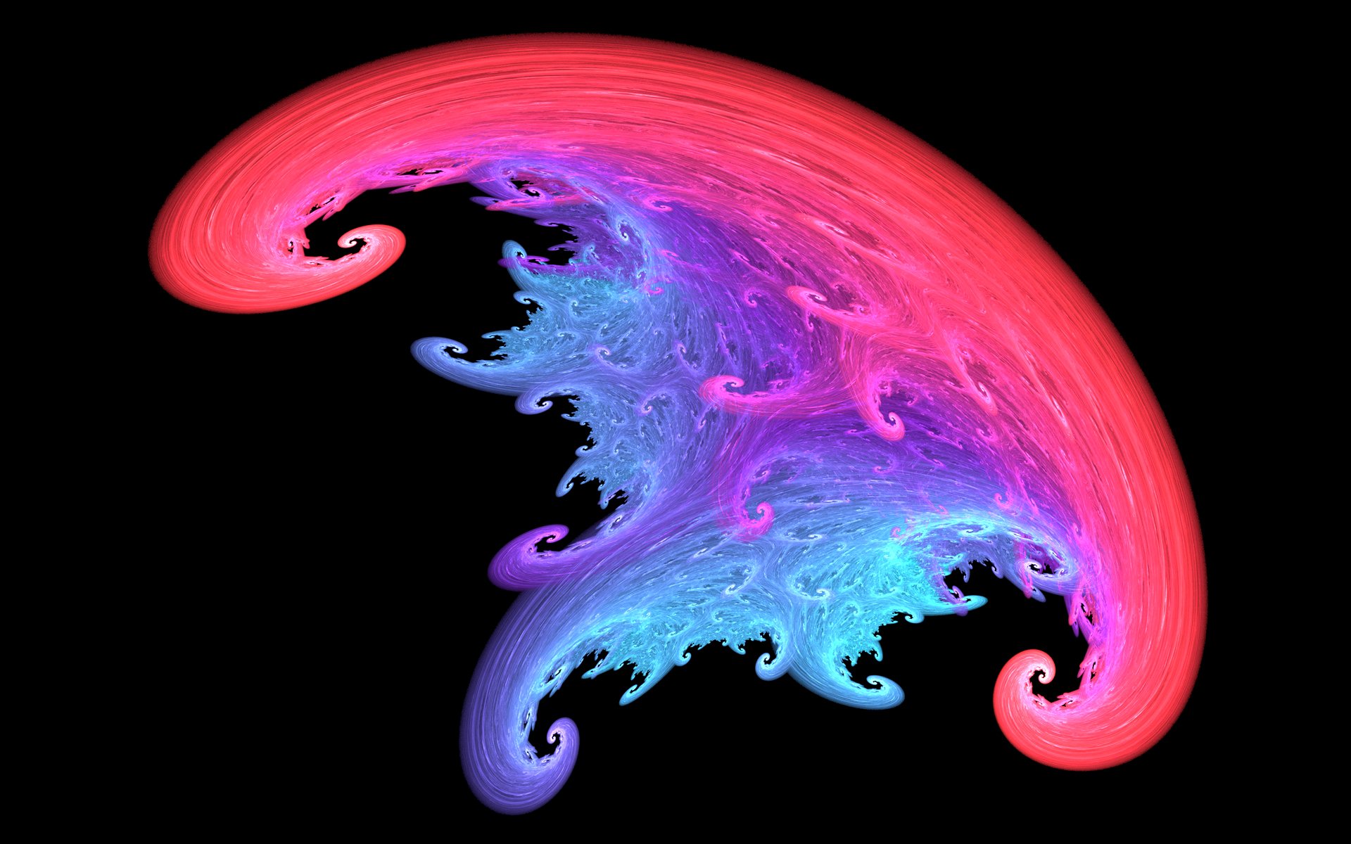A vibrant digital art piece featuring swirling shapes in vivid shades of red, pink, and blue, set against a black background, showcasing intricate patterns and artistic expression.