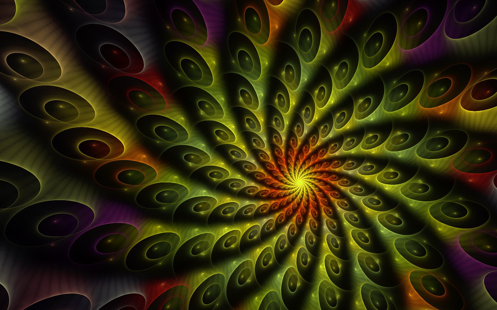 A vibrant digital art piece featuring a spiral pattern in rich colors, blending shades of green, red, and purple, creating a mesmerizing, hypnotic effect.