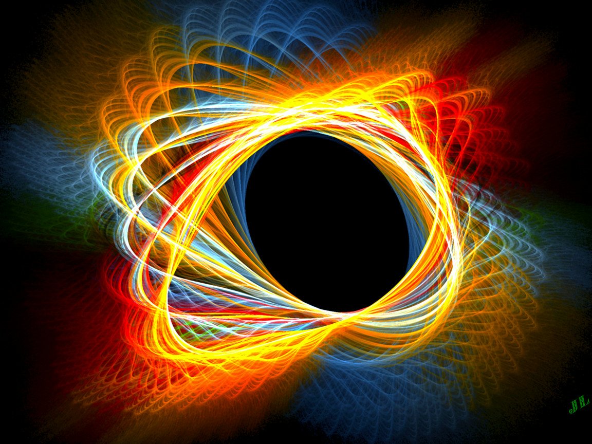 A vibrant digital art piece featuring swirling lines of bright colors encircling a dark center, creating a dynamic and energetic composition.