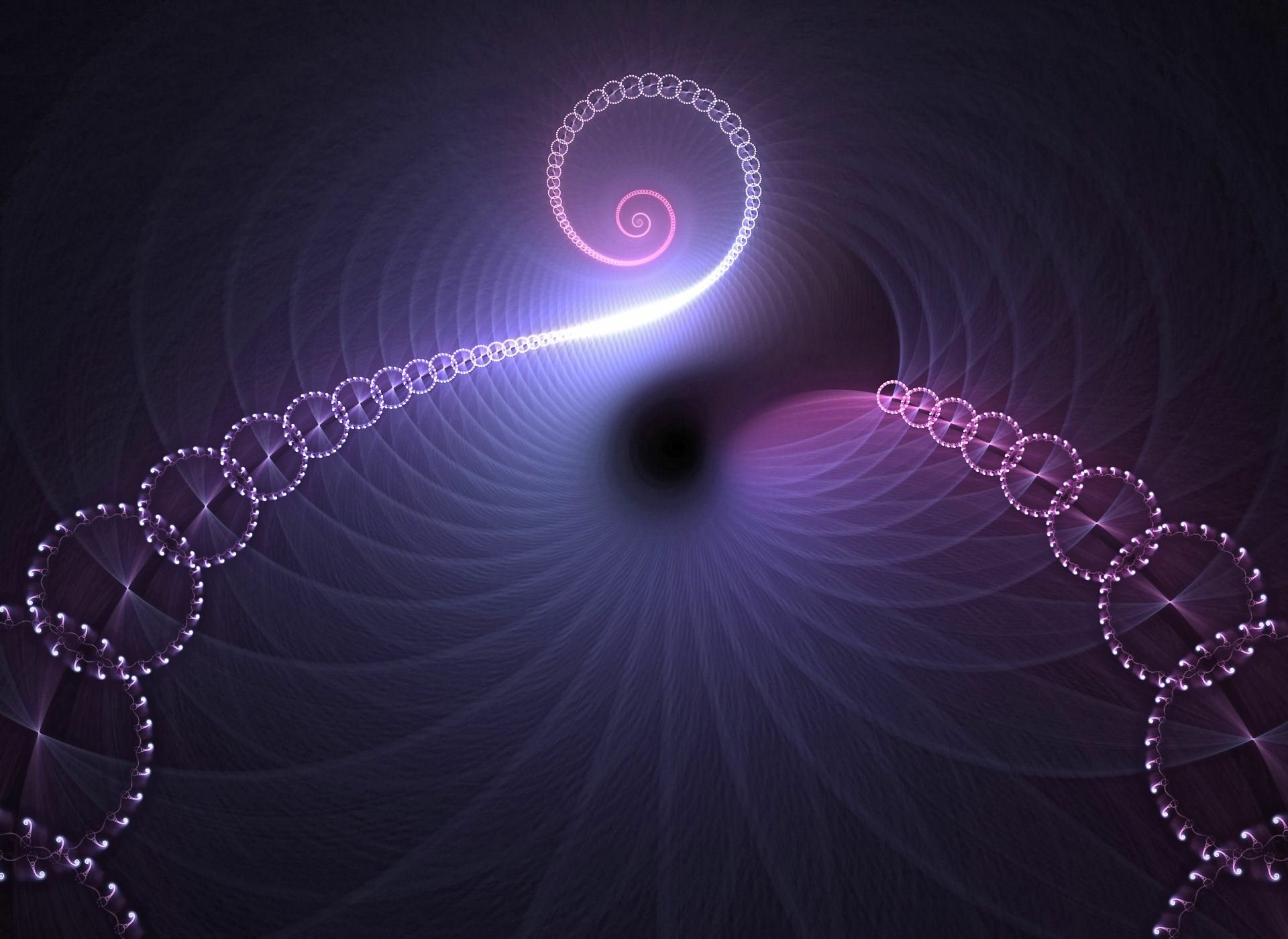 A mesmerizing digital art piece featuring a spiral of lights and curves, transitioning from deep purple to bright hues, creating an endless, captivating pattern.